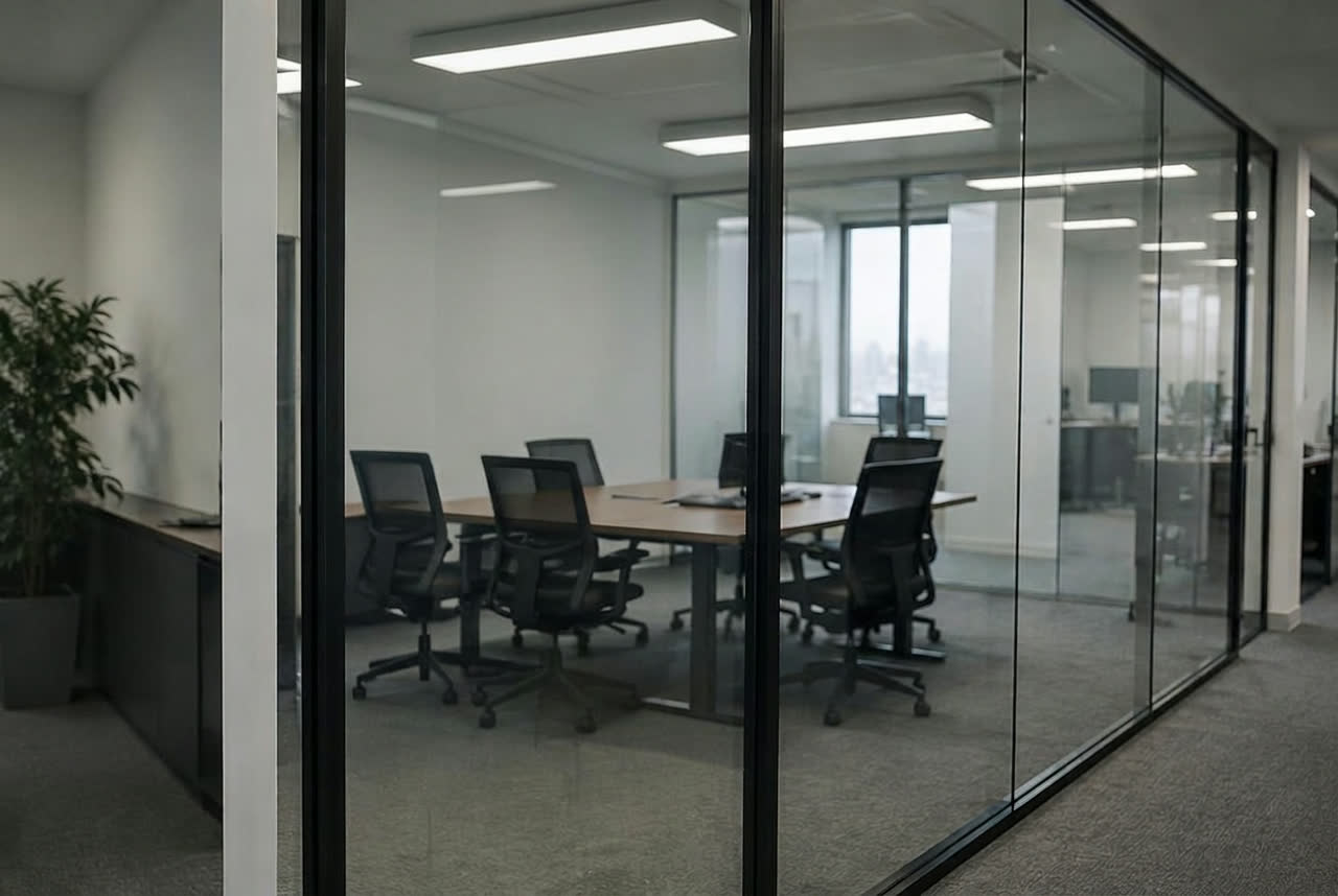 Same office partition with clear glass after repair