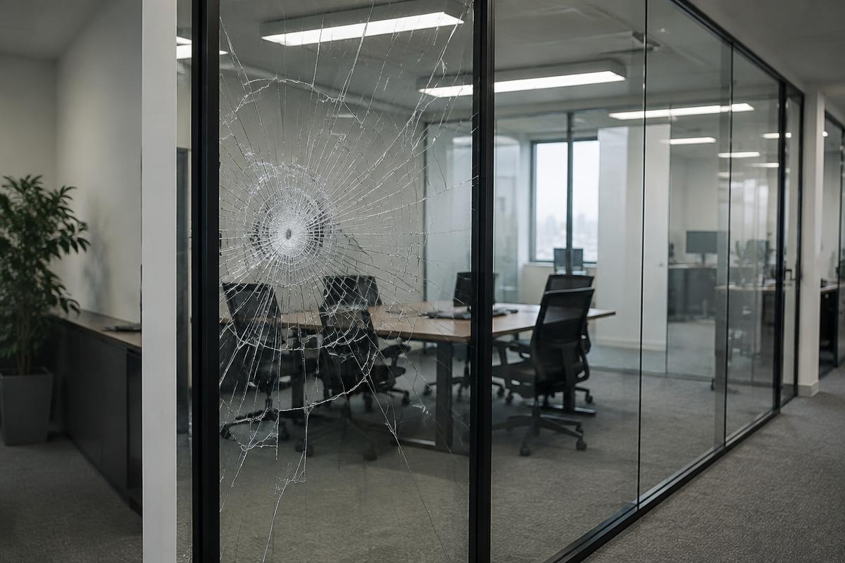 Cracked office glass partition before repair