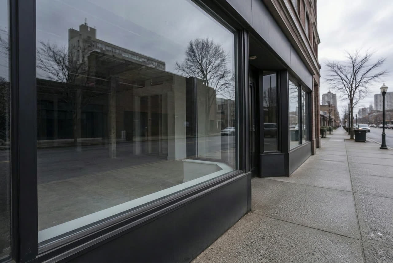 Same storefront with new clear glass after replacement