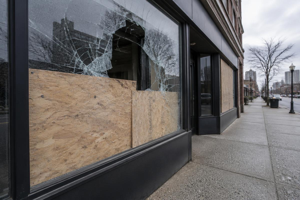 Storefront window broken and boarded up before replacement