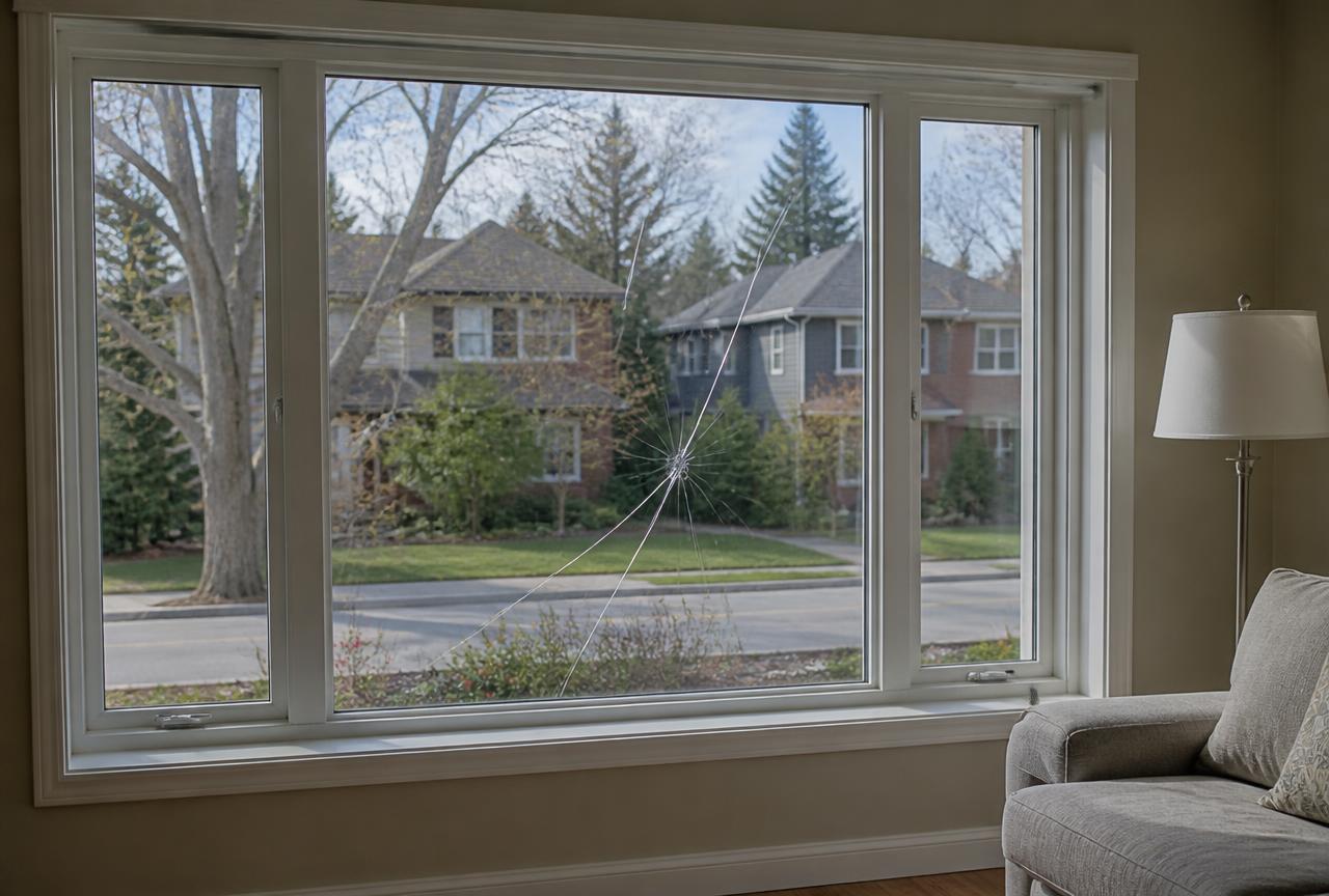 Picture window with an impact crack before glass replacement