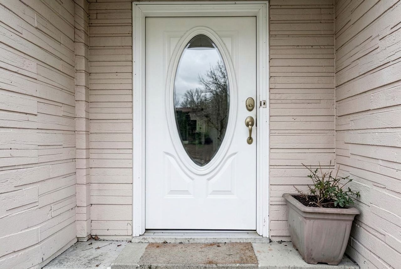 Same white front door with a new clear oval insert after replacement