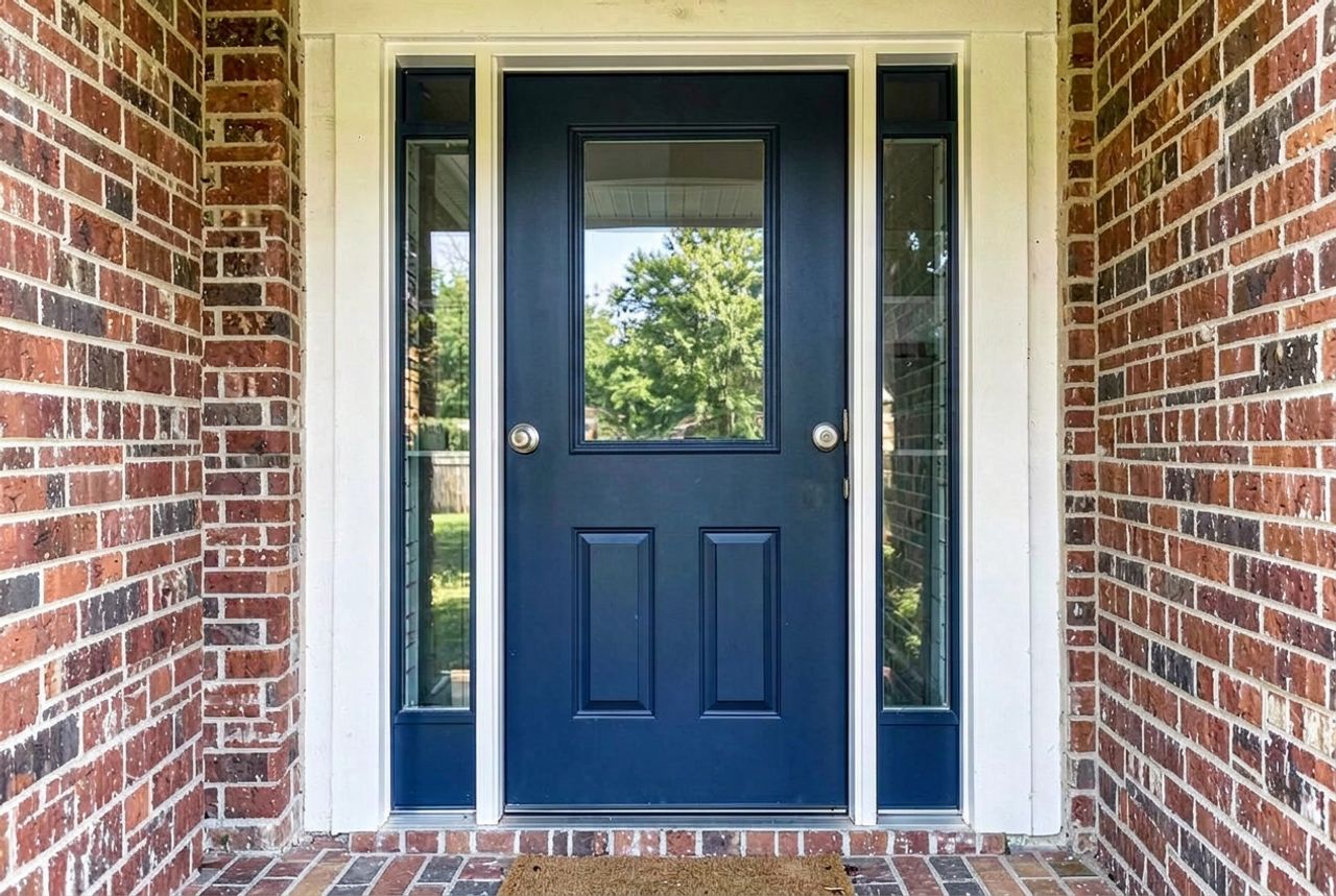 Same navy entry door with new clear glass after repair