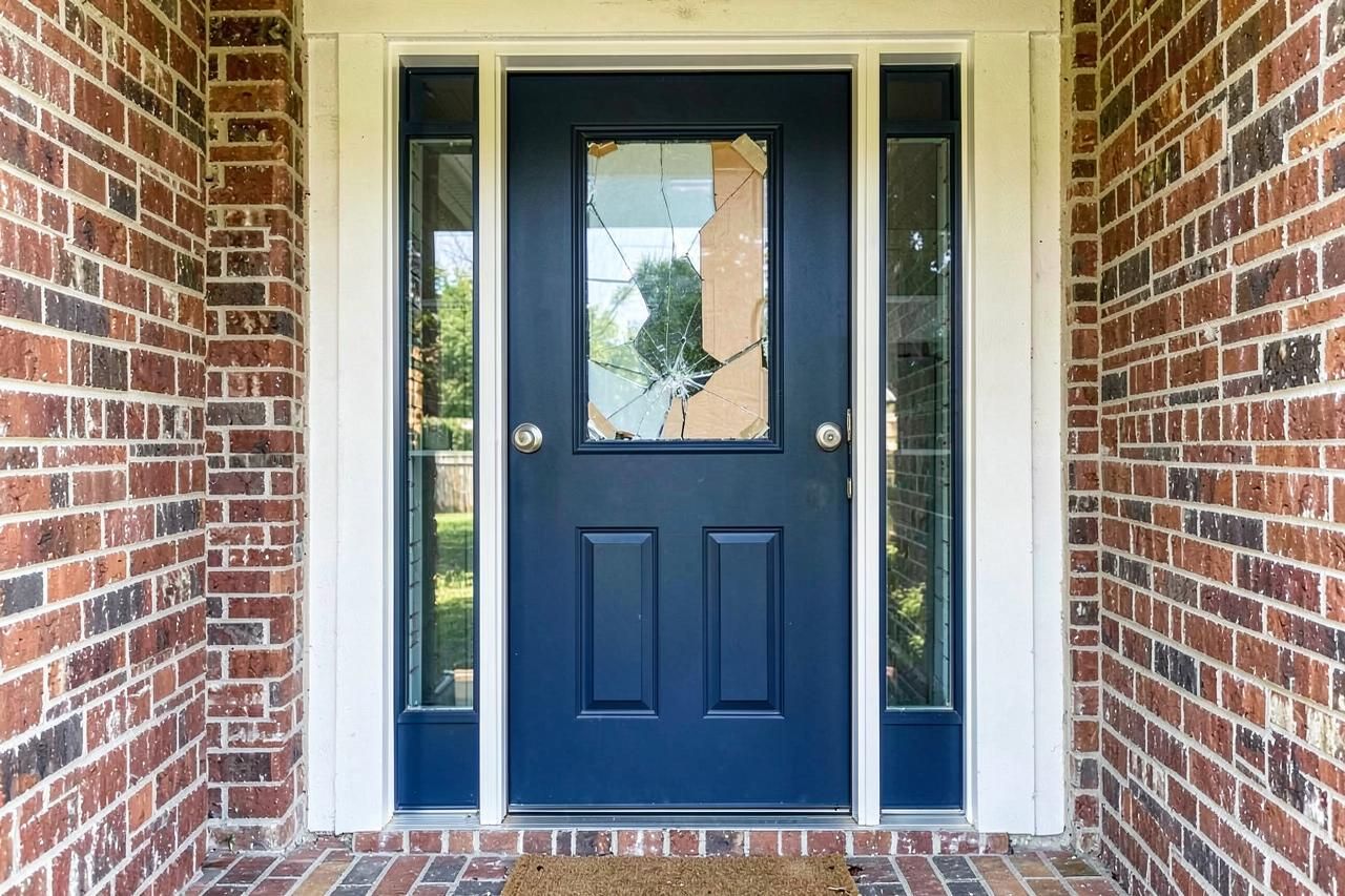 Navy entry door with broken glass and cardboard taped over it