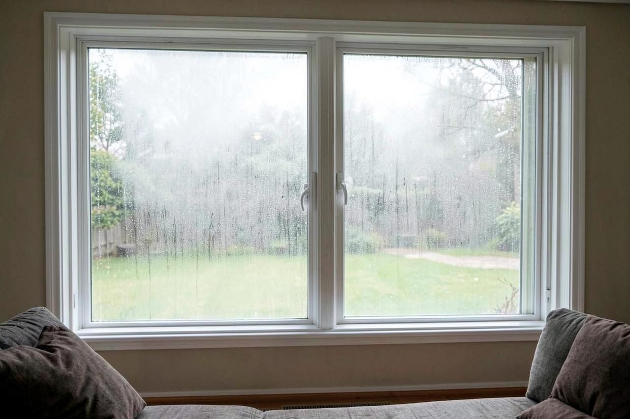 Living room window clouded by a failed sealed unit before replacement