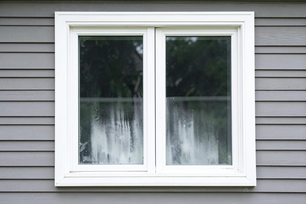 Double slider window with fogged double pane units before replacement