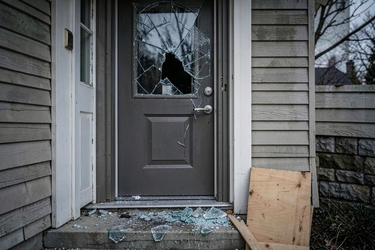 Side entry door with glass smashed out after a break in