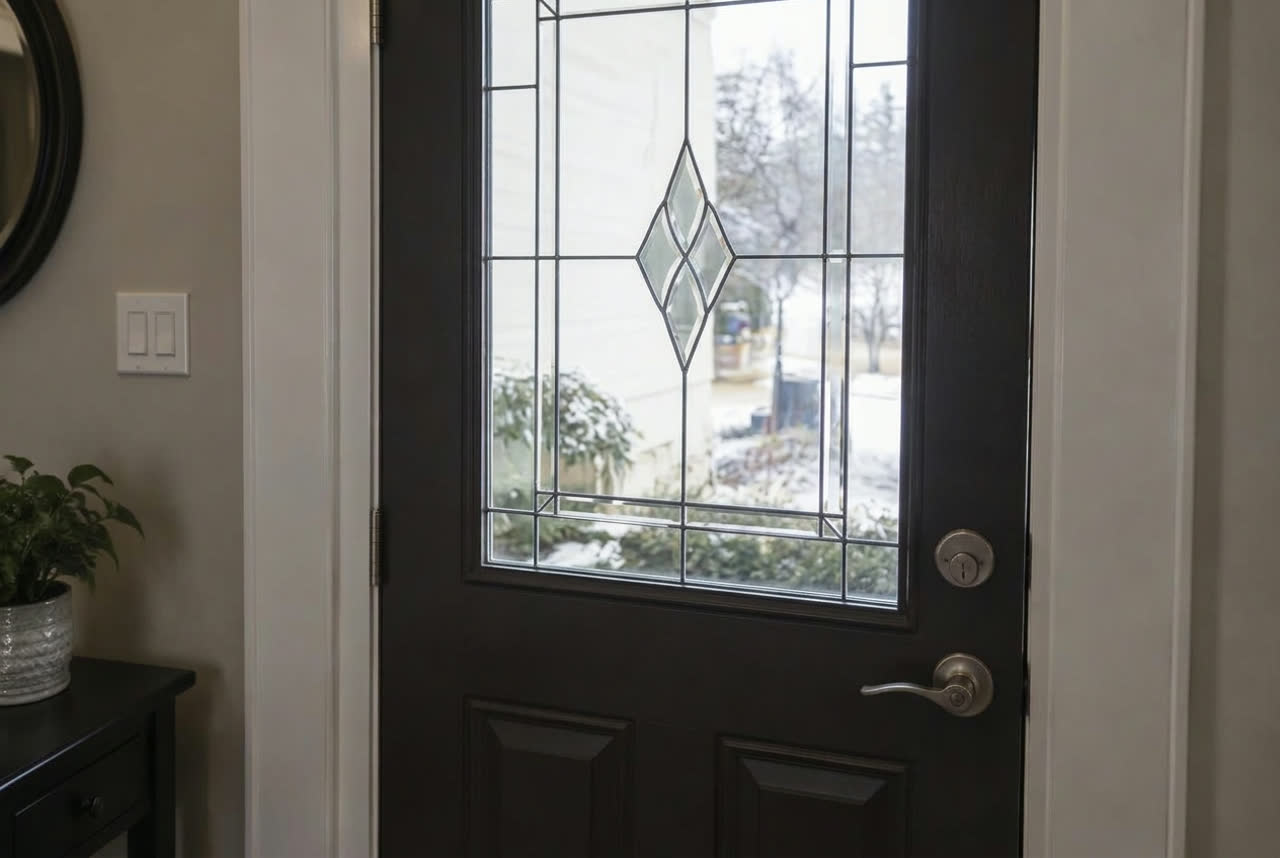 The same entry door with clear new glass insert after repair
