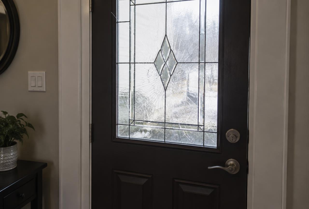 Front entry door with cracked decorative glass insert before repair
