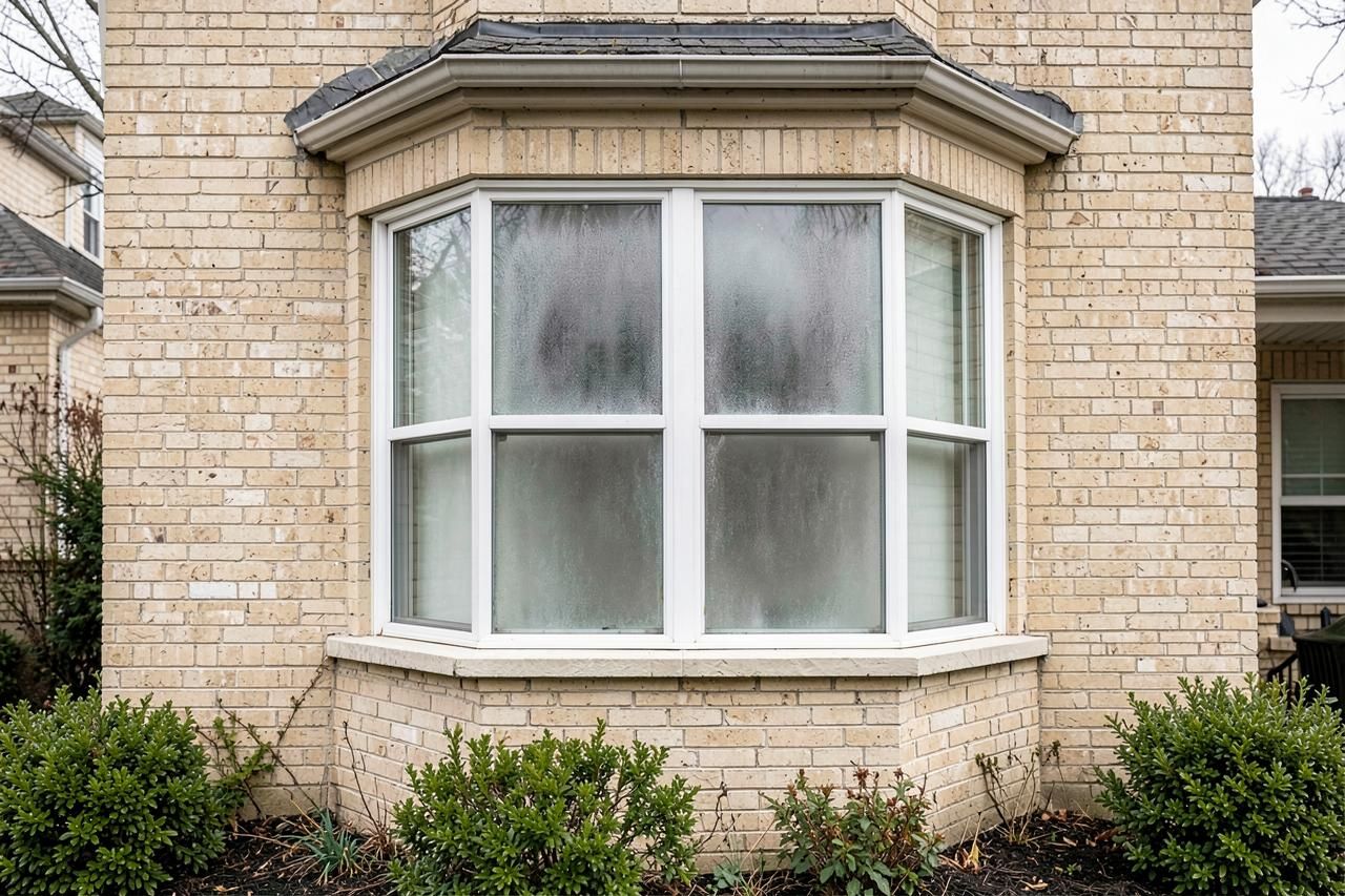 Bay window with fogged double pane glass before replacement