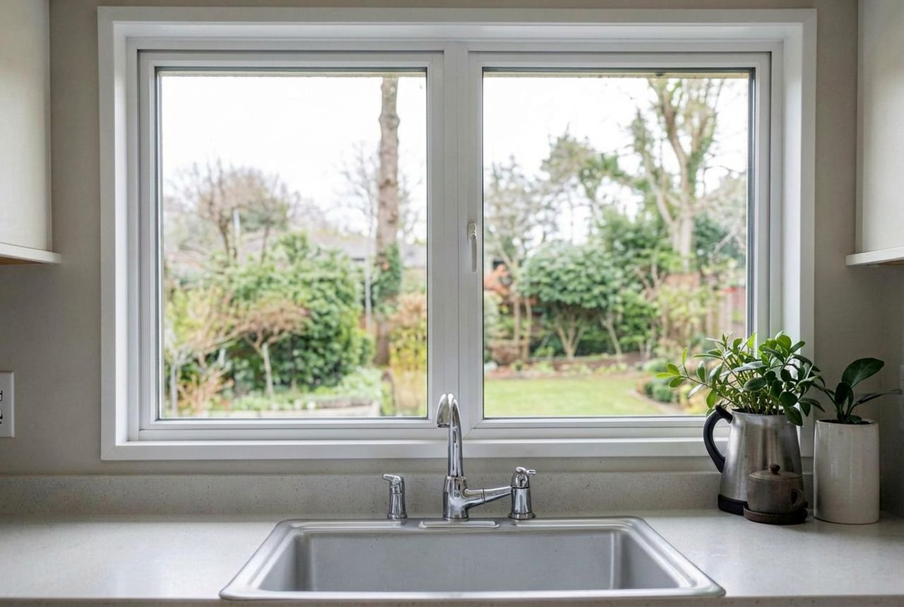 Same kitchen window clear with the backyard visible after replacement