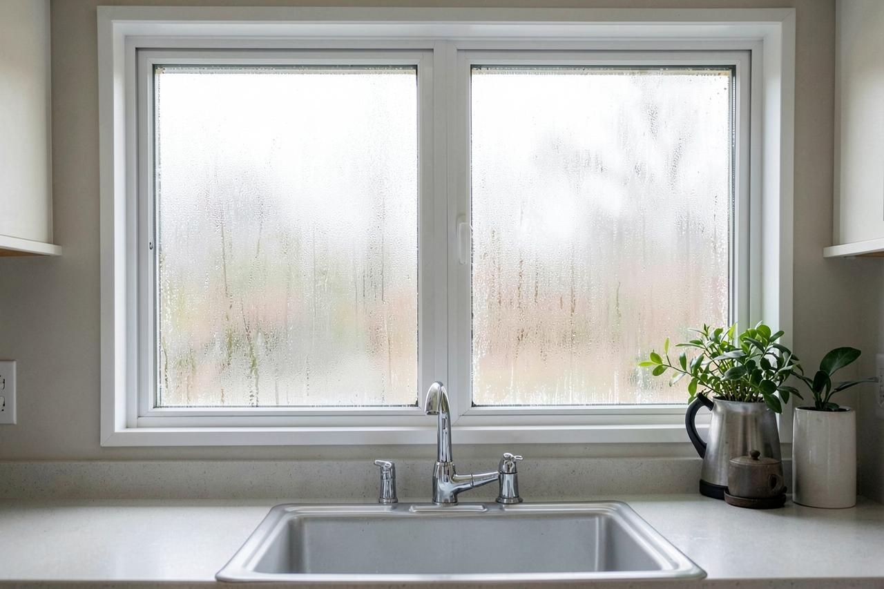 Kitchen window over the sink fogged with trapped moisture before replacement