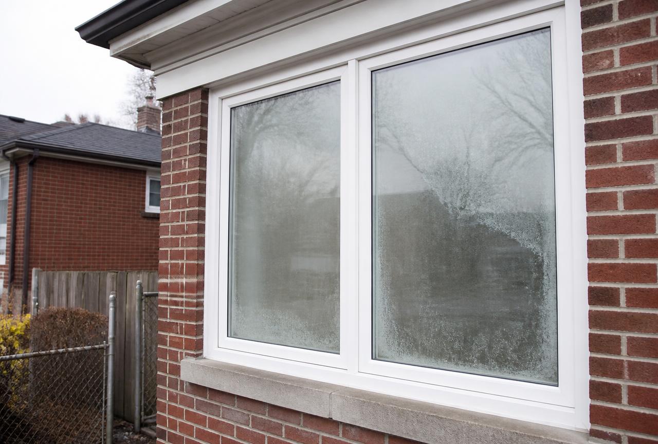 Double-pane window with condensation trapped between the panes before repair