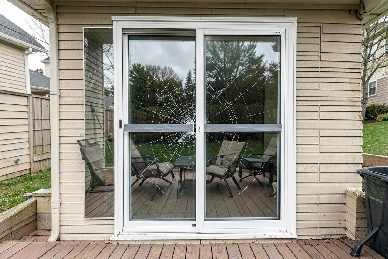 Sliding patio door with a shattered glass panel taped up before repair