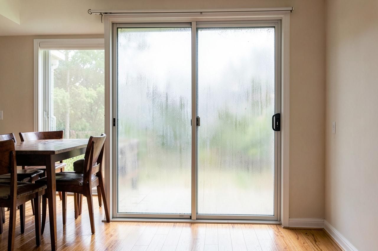 Sliding patio door fogged by a failed seal seen from the dining room