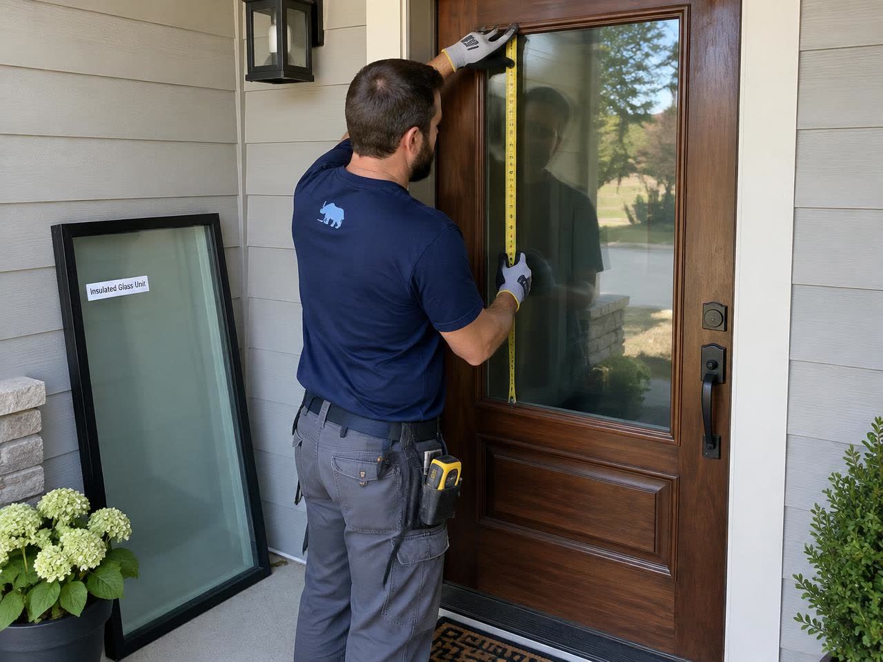 One glazier measuring an entry door glass insert before fitting the new unit
