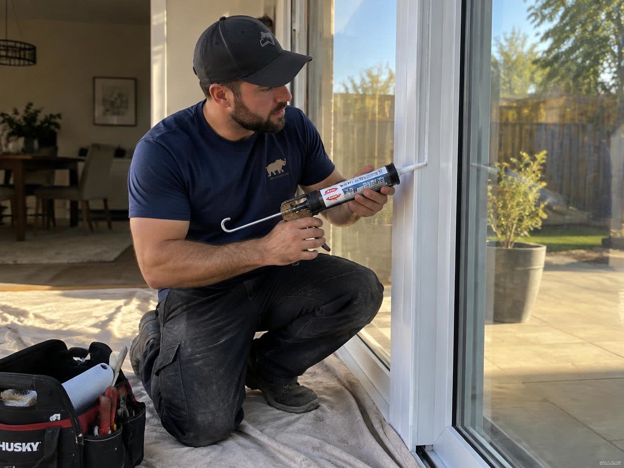 One glazier sealing a newly fitted patio door glass panel