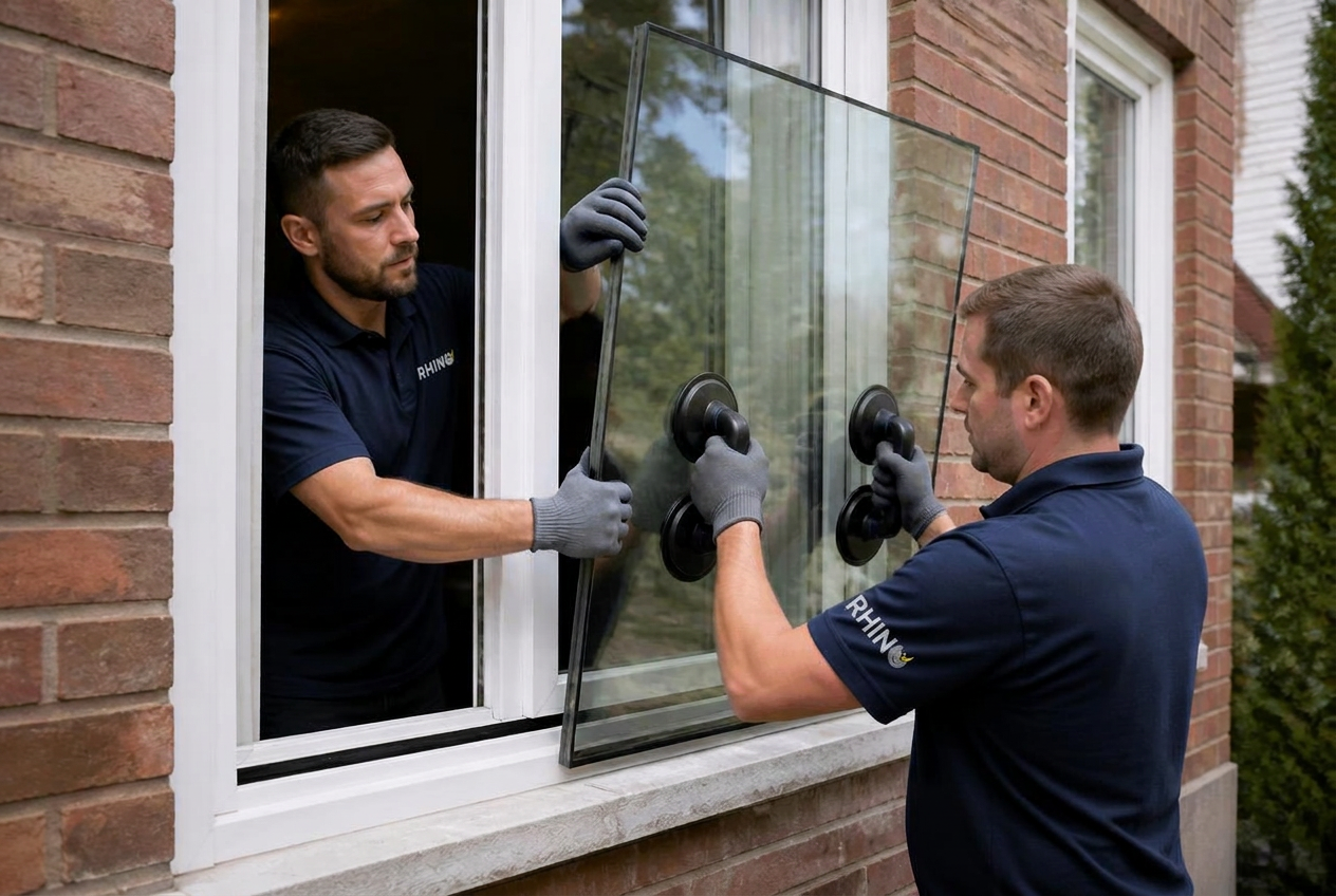 Technicians fitting an insulated sealed glass unit into an existing window