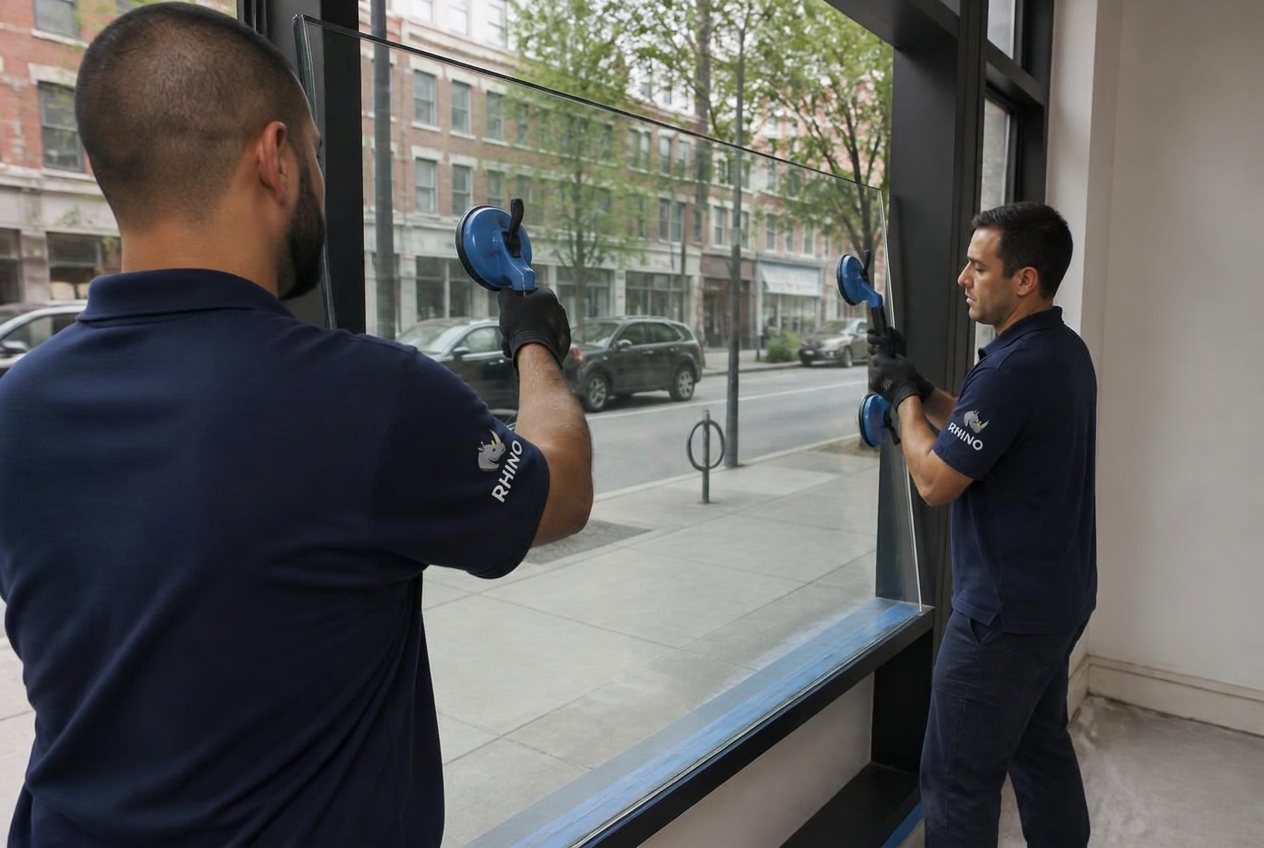 Technicians installing a commercial storefront glass panel