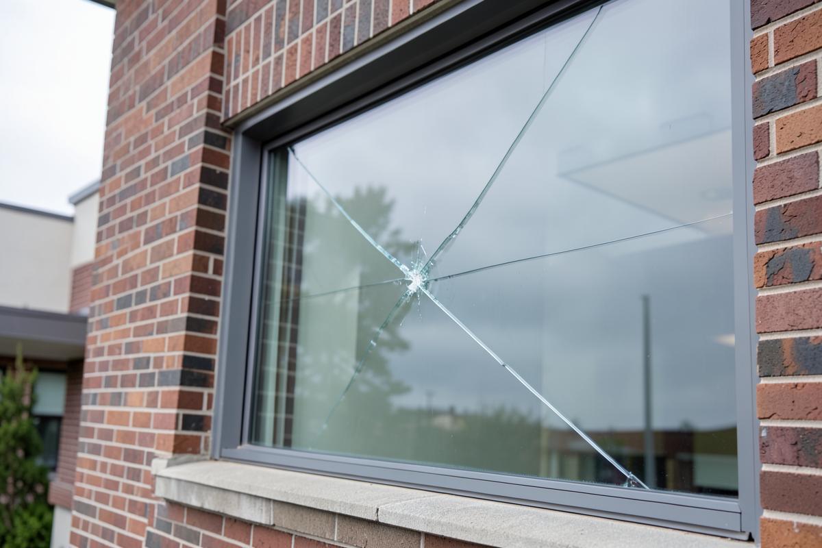 Window pane cracked from an impact in a brick wall before repair