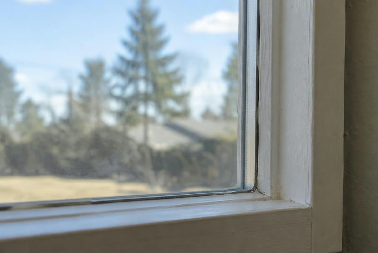 Same window with clear new glass after repair