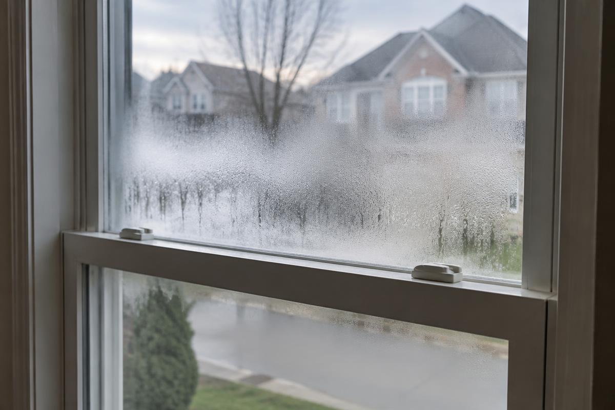 Fogged sealed unit between window panes before replacement